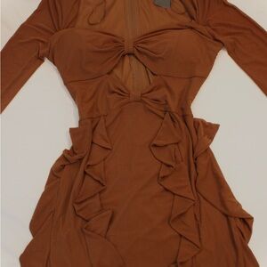 Privy Long Sleeve Brown Ruffle Dress